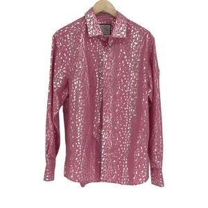 Suslo Couture Mens Spotted Slim Long Sleeve Button-Up Shirt Pink Silver Size 2XL